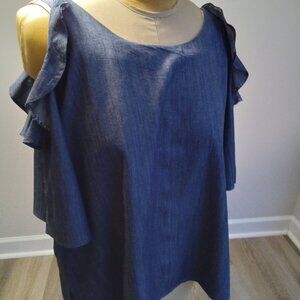 Umgee L Cold Shoulder Ruffled Sleeve Chambray Denim Shirt
